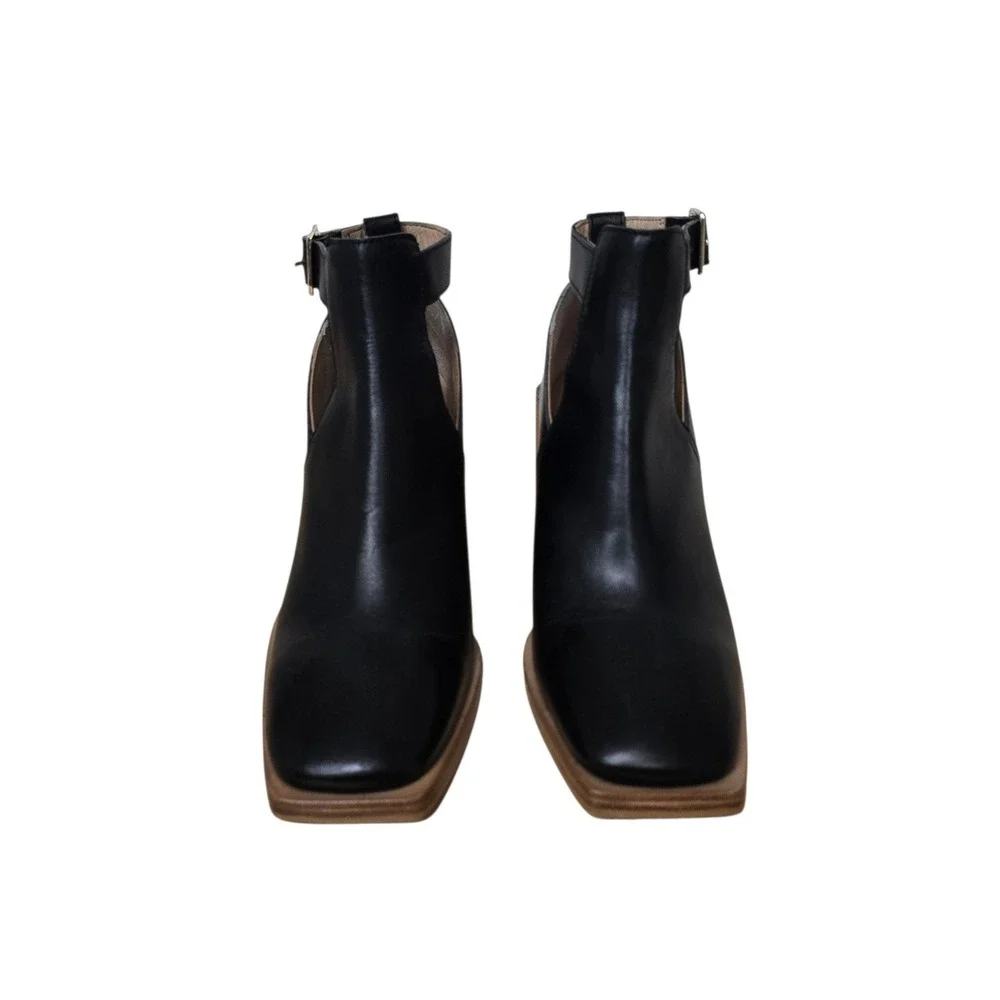 Free People Black Leather Cutout Square Toe Block Heel Ankle Boots EU 36 US 6